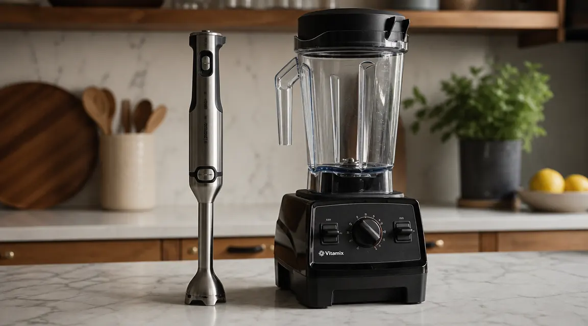 Side-by-side size comparison showing an immersion blender next to a full-size countertop blender