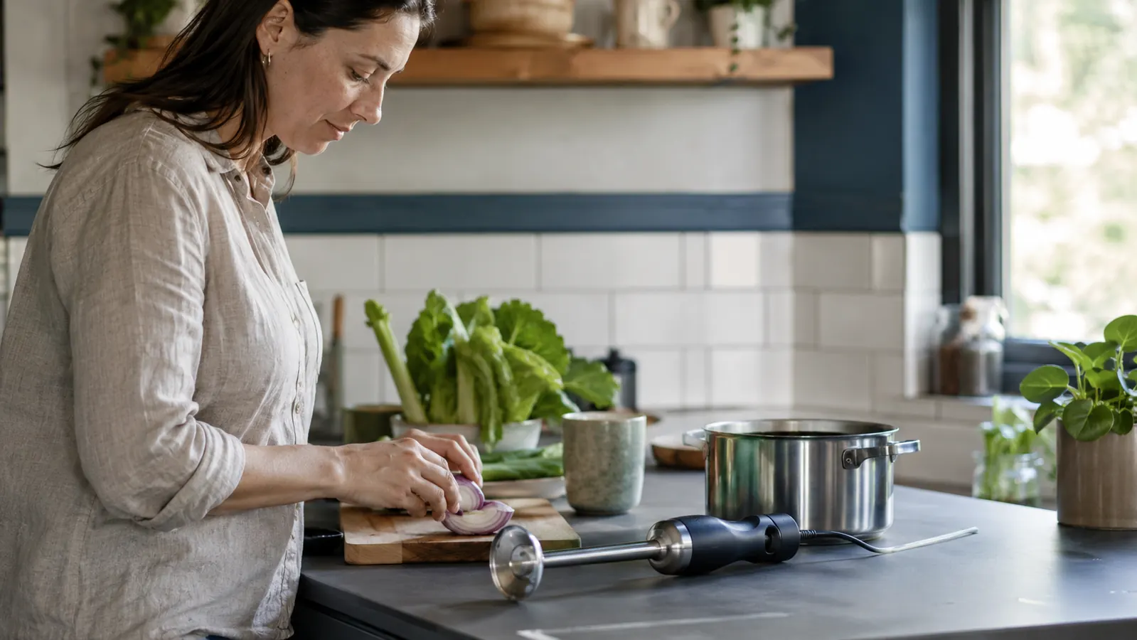 MuellerLiving immersion blender resting on a small apartment kitchen counter next to a pot of soup