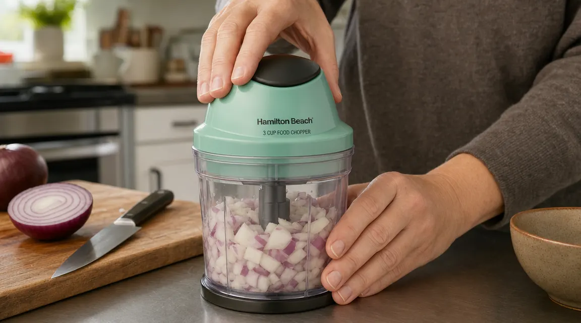Hand placing the lid on the Hamilton Beach 3-cup food chopper before processing