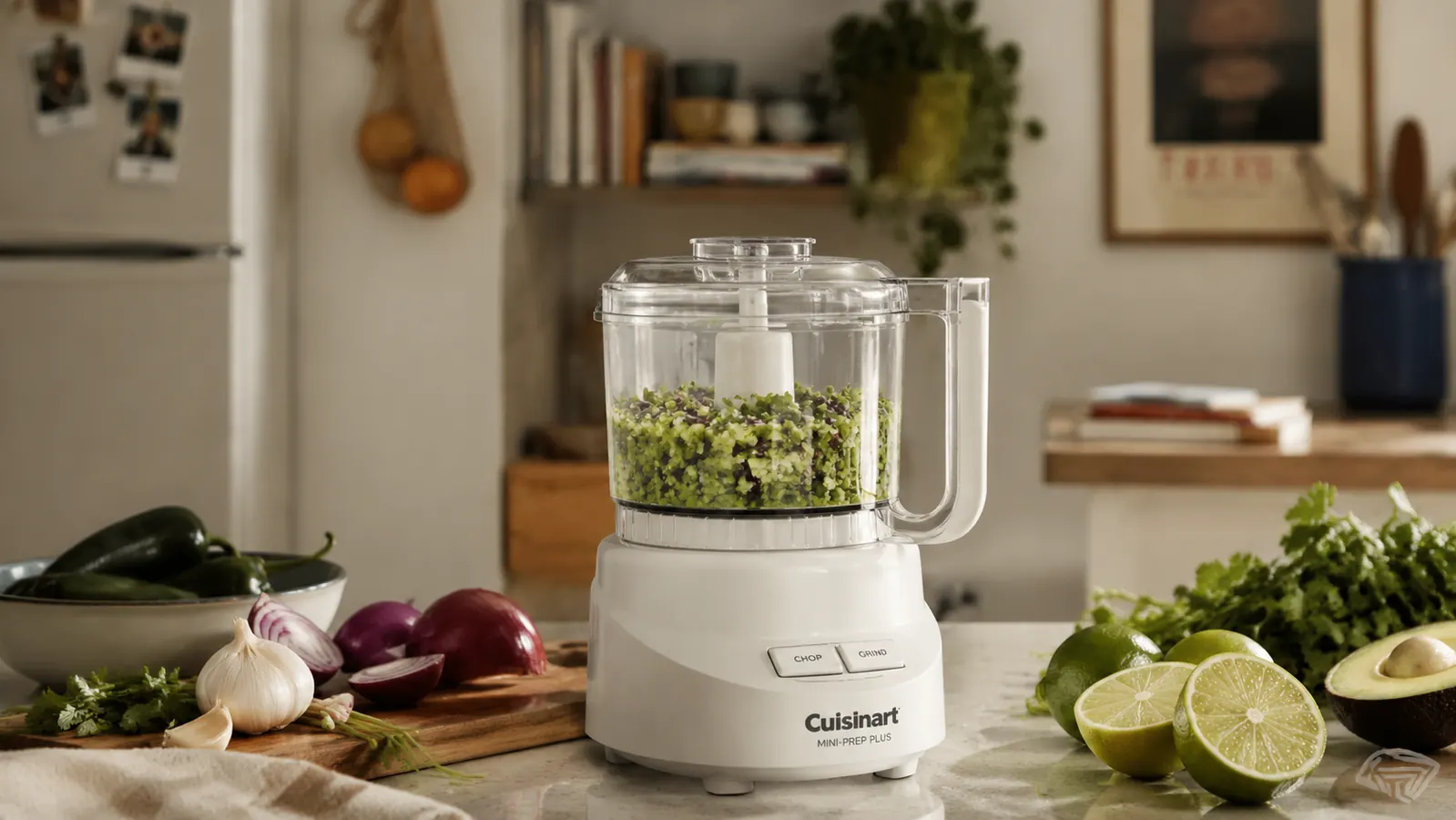 Hamilton Beach mini food processor on a small kitchen counter next to freshly chopped vegetables