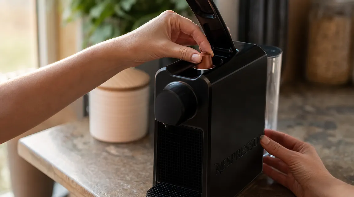 Hand inserting a Nespresso Original Line capsule into the Essenza Mini machine