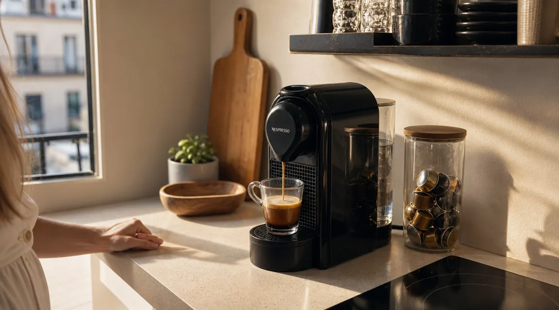 Nespresso Essenza Mini coffee machine on a small kitchen counter with a pulled espresso in a white ceramic cup