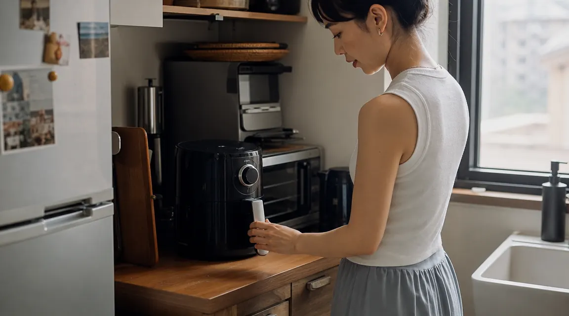 Ninja 4 QT Air Fryer sitting on a small kitchen countertop beside a stainless bowl of vegetables ready to cook