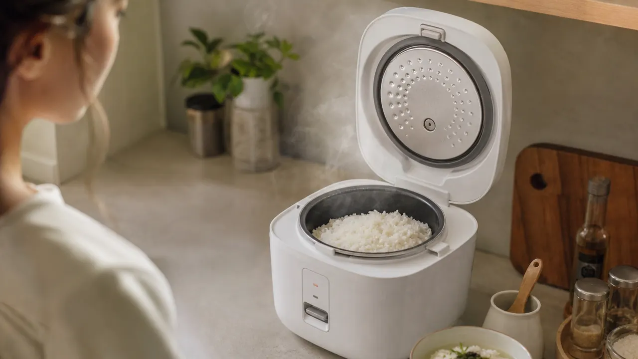 Aroma 3-cup rice cooker sitting on a small apartment kitchen counter next to a bowl of freshly cooked white rice