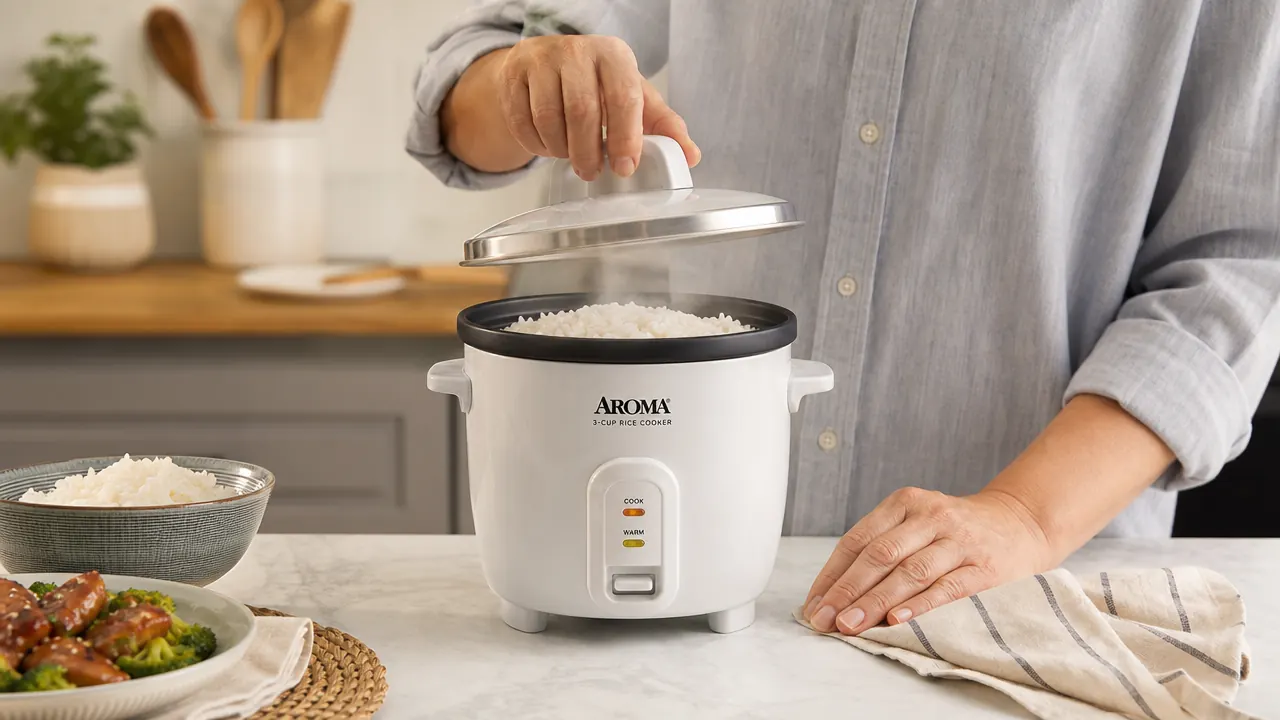 Hand lifting the lid of the Aroma rice cooker to reveal perfectly cooked white rice with steam rising