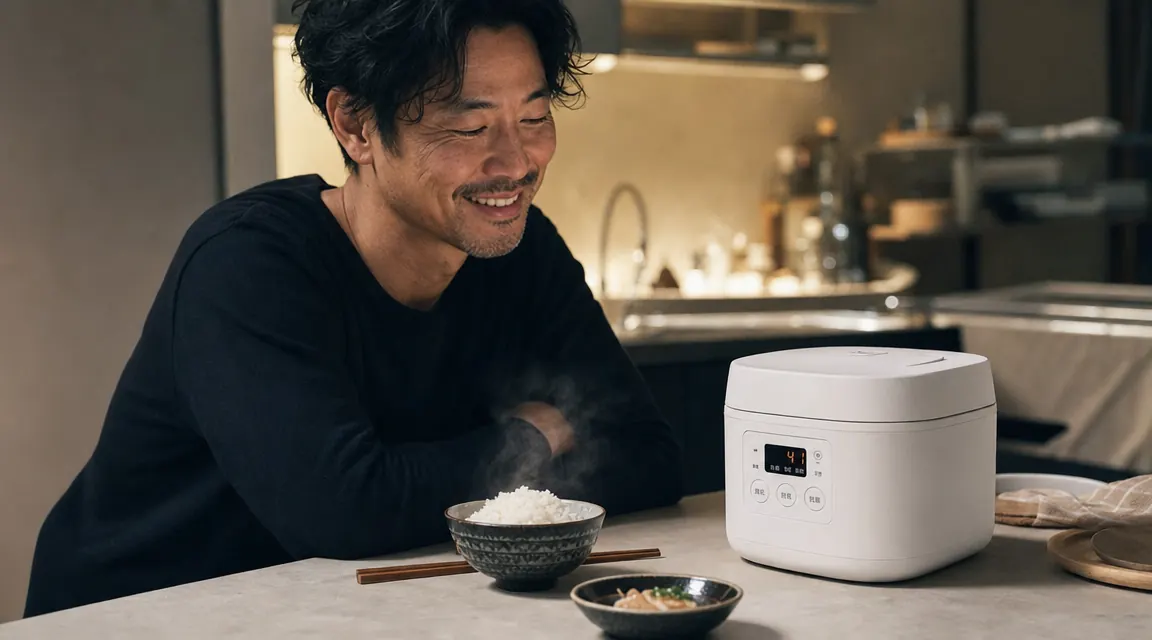 Small white rice cooker on a narrow apartment kitchen counter next to a bowl of freshly cooked rice, morning light