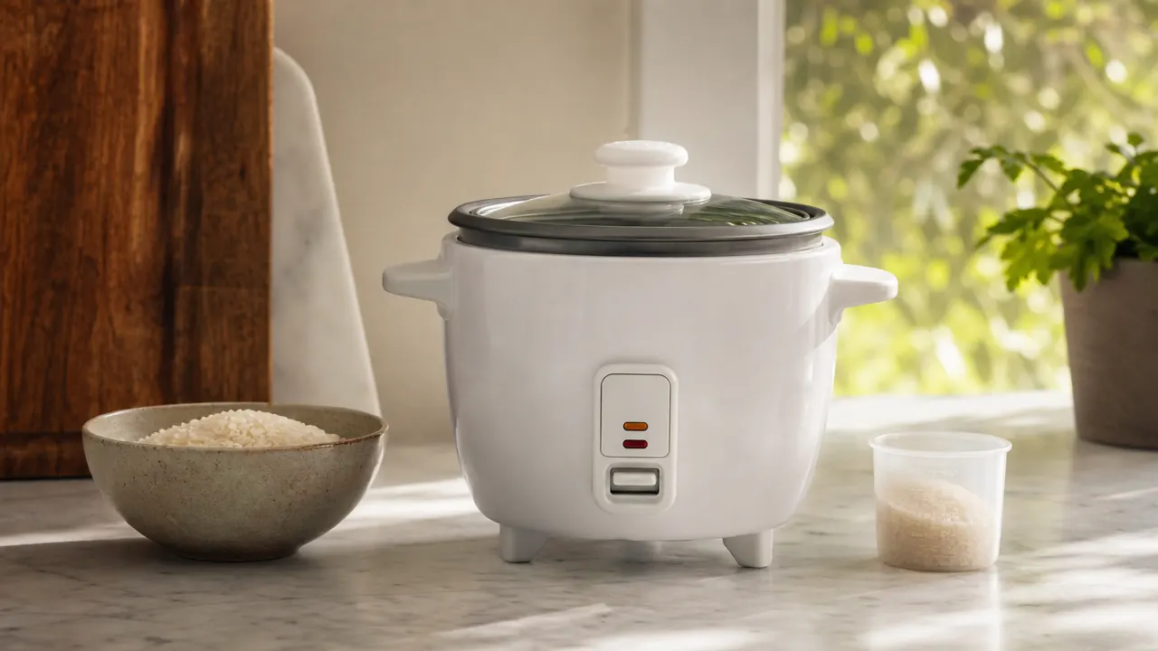 Aroma 3-Cup rice cooker on a small kitchen counter next to a bowl of cooked rice