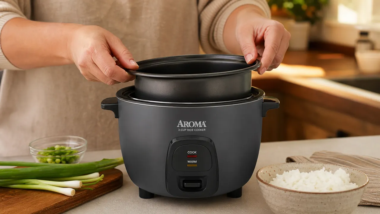 Hand placing the Aroma rice cooker inner pot into the base unit on a kitchen counter