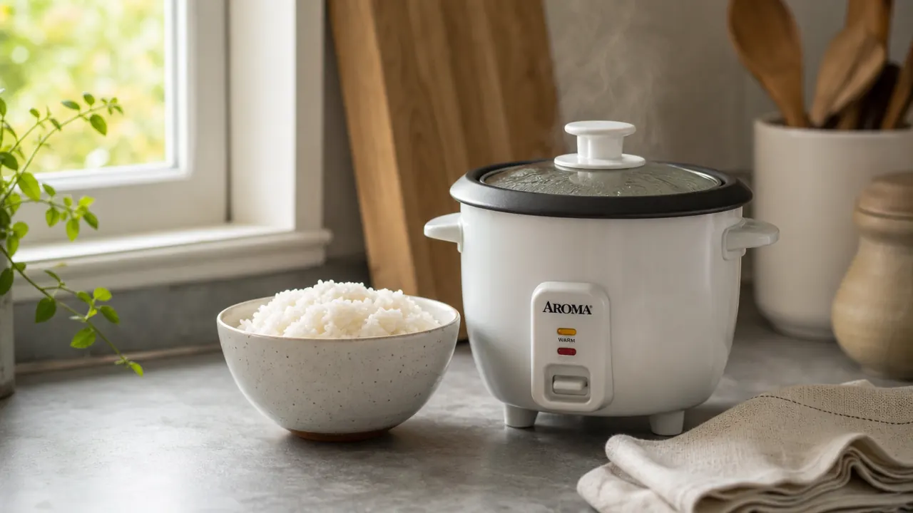 Aroma 3-cup rice cooker sitting on a small kitchen countertop beside a bowl of freshly cooked white rice