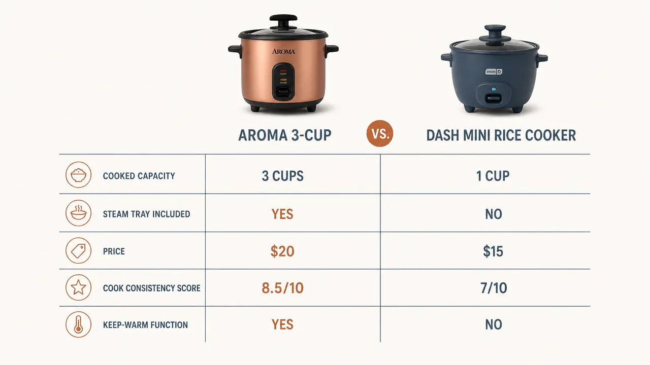 Side-by-side chart comparing AROMA and Dash Mini rice cooker specs across five categories