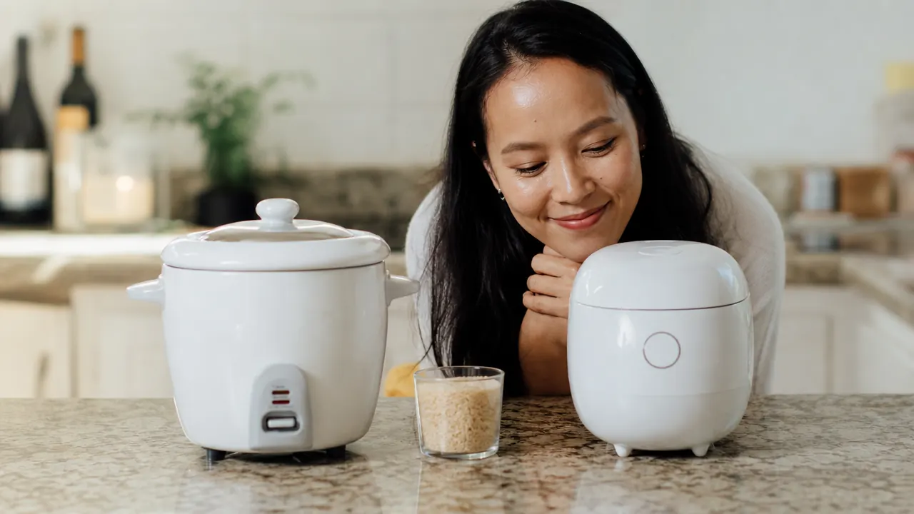 Two compact rice cookers on a small kitchen counter with bowls of cooked white rice beside each