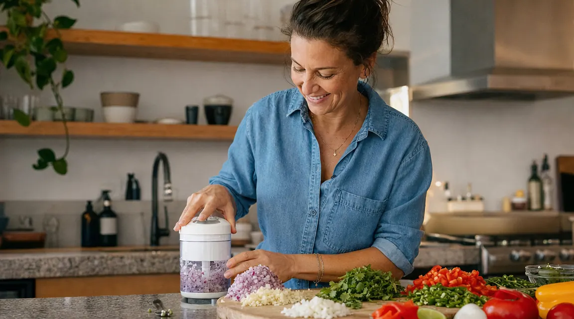 Small kitchen counter with a compact red food chopper beside a cutting board covered in diced onions and peppers