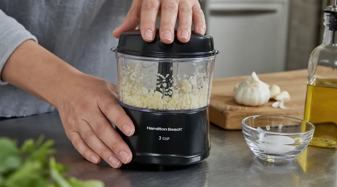 Hamilton Beach food chopper bowl filled with minced garlic, lid secured, ready to pulse