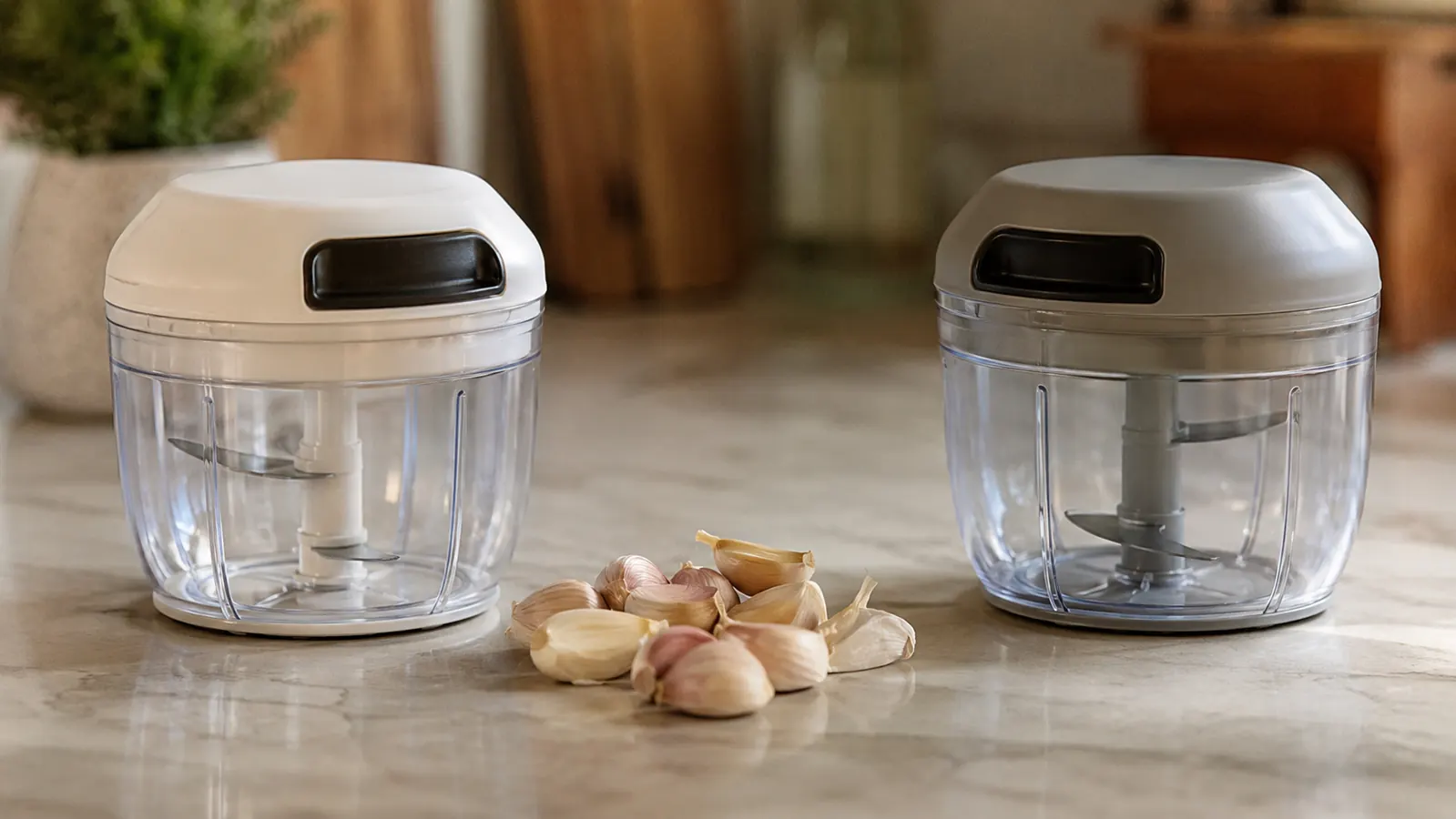 Hamilton Beach 3-cup food chopper and Cuisinart Mini-Prep side by side on a small kitchen counter with chopped vegetables nearby