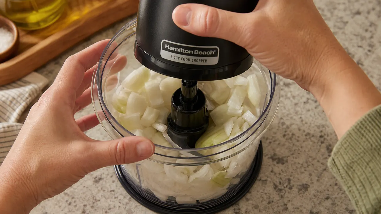 Close-up of the Hamilton Beach chopper bowl with unevenly chopped onion pieces showing size variation after a single pulse session