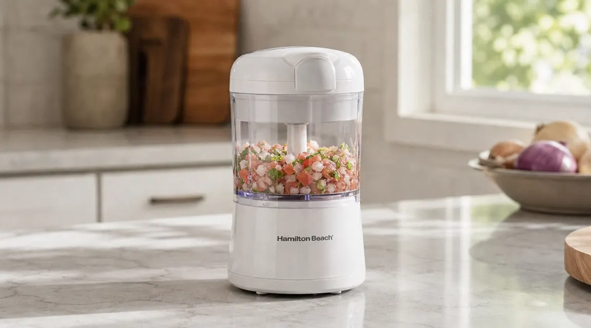 Hamilton Beach 3-cup food chopper on a small apartment kitchen counter beside a cutting board with halved onions
