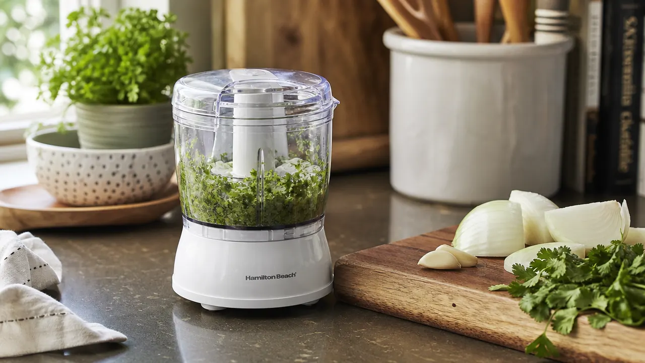 Hamilton Beach 3-Cup Food Chopper on a small kitchen countertop beside a cutting board with chopped onions