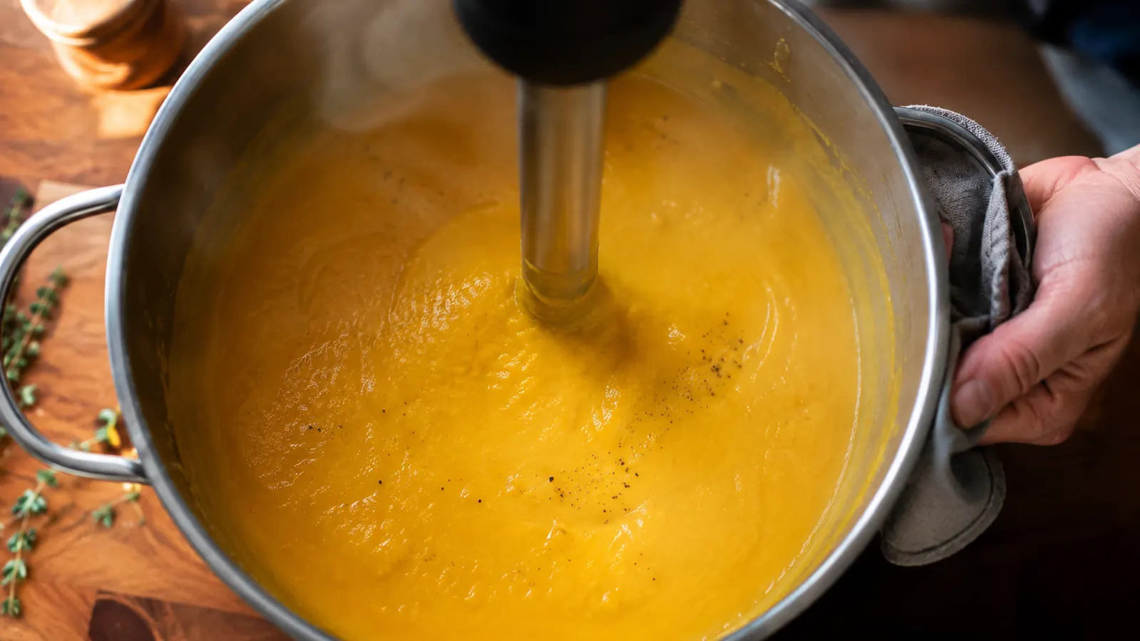 Person using a stick immersion blender in a pot of orange butternut squash soup on a stovetop
