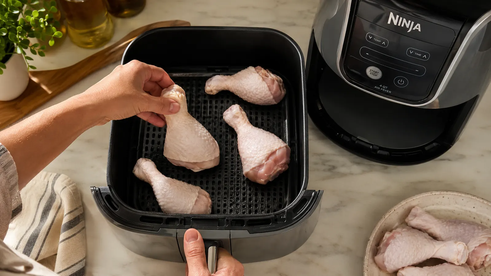 Hand arranging chicken pieces in a single layer inside a 4 QT air fryer basket