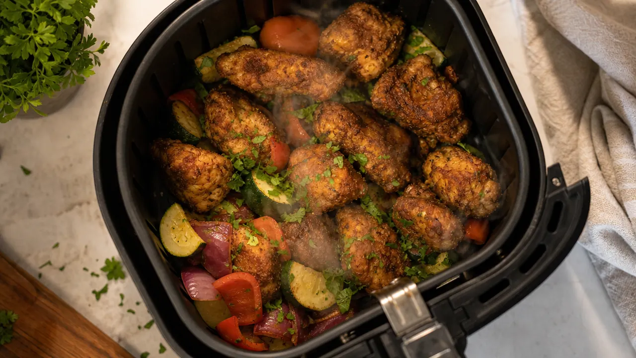 Compact black Ninja air fryer on a slate-blue kitchen counter with golden crispy chicken thighs visible through the drawer gap