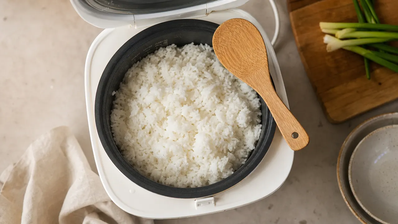 Bowl of fluffy white rice next to a small Aroma rice cooker on a compact kitchen counter