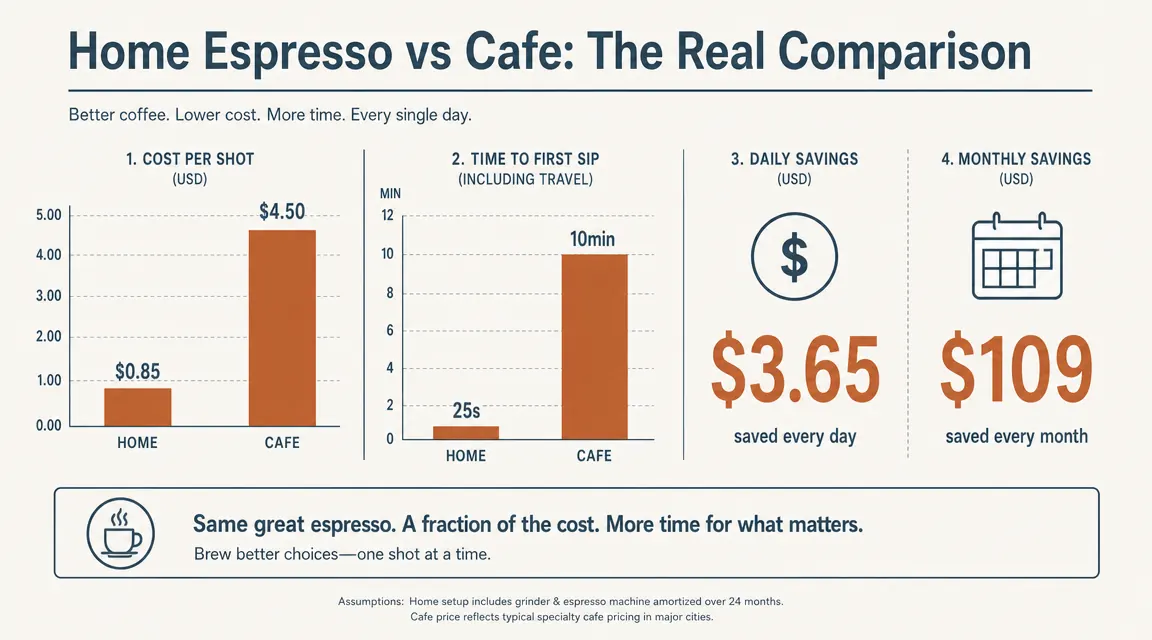 Chart comparing espresso extraction quality across five key variables, pod intensity, cup temperature, water volume, machine warm-up time, and cup preheating