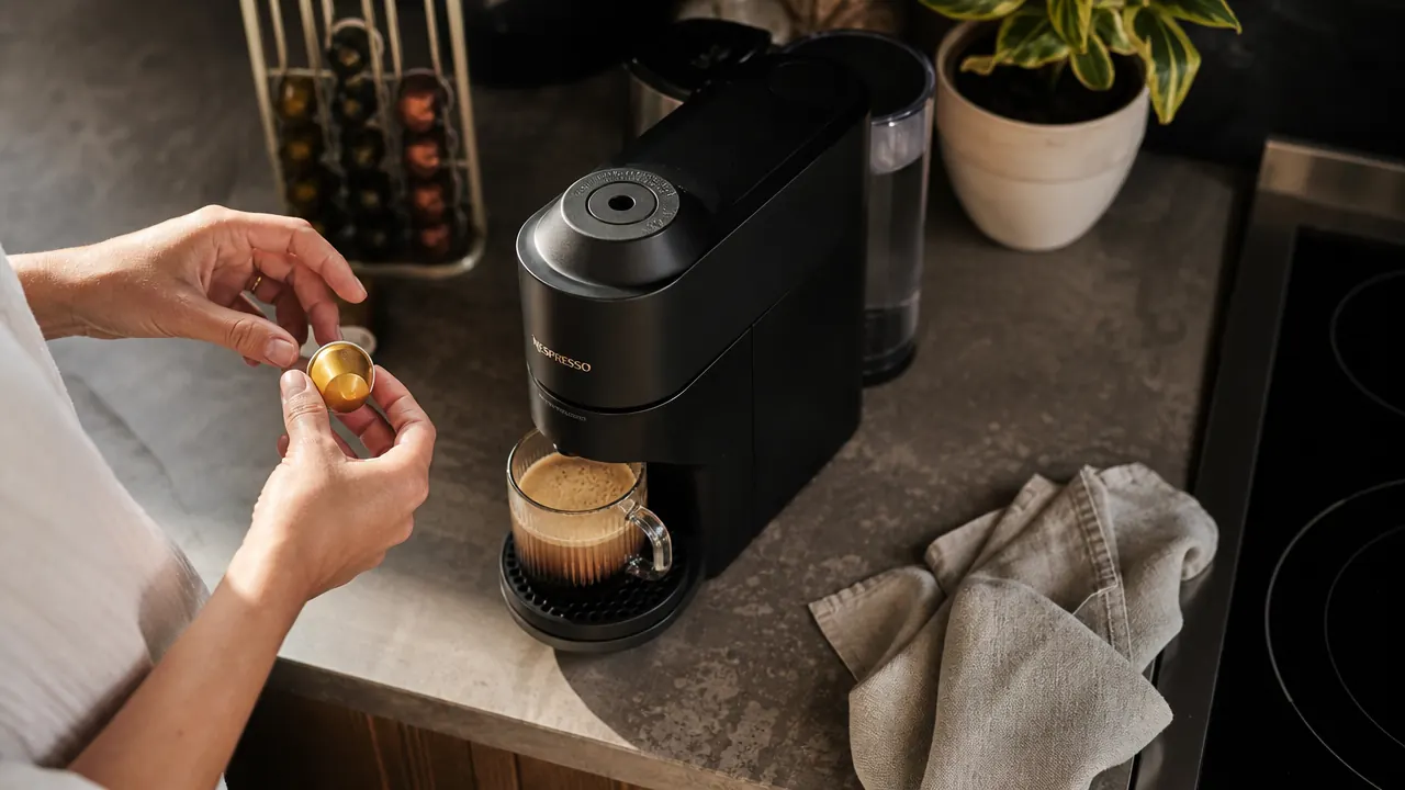 Compact Nespresso espresso machine on a small kitchen counter with a fresh shot of espresso in a white ceramic cup showing golden crema
