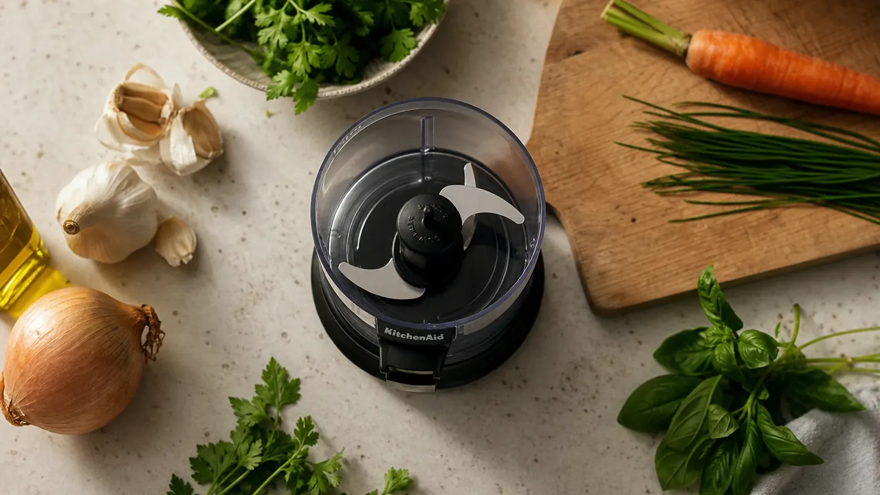 Halved bell pepper, onion, celery, and carrots on a small cutting board next to a compact white mini food processor on a slate countertop