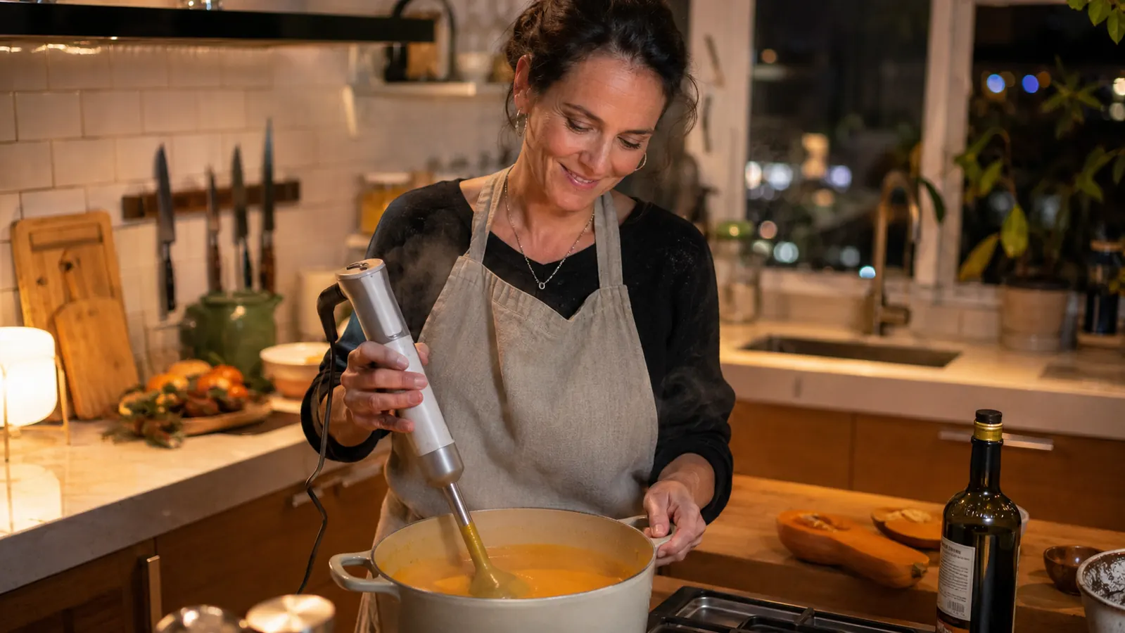 Compact apartment kitchen counter with an immersion blender resting next to a pot of tomato soup