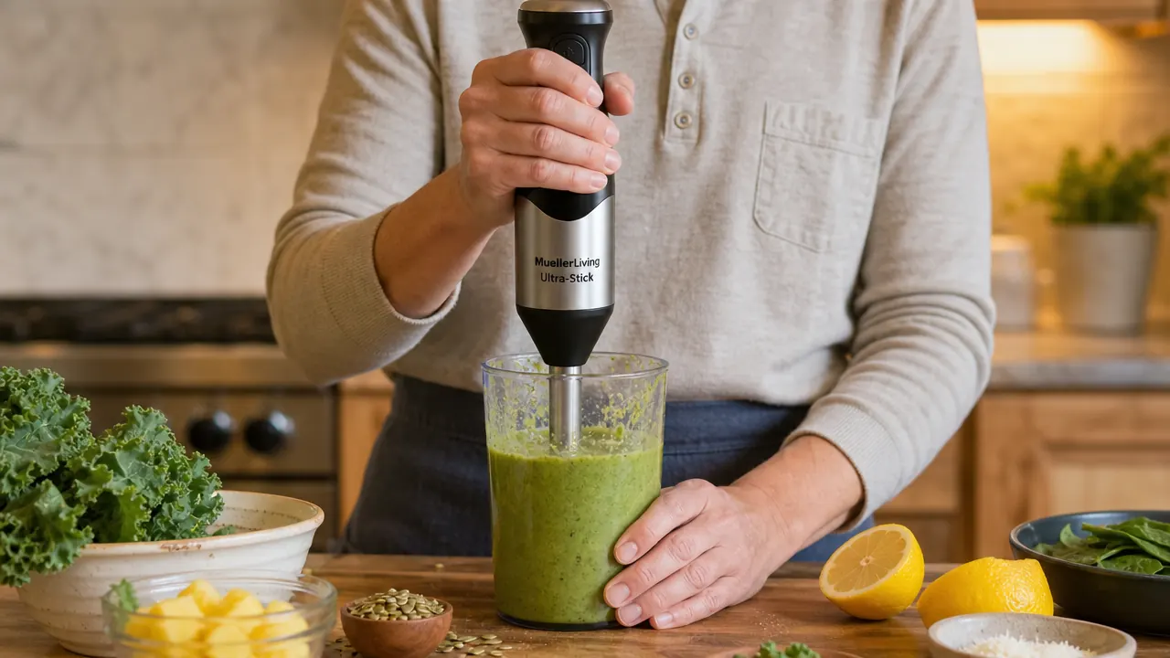 Hand holding the Mueller immersion blender shaft submerged in a tall mixing container with green smoothie