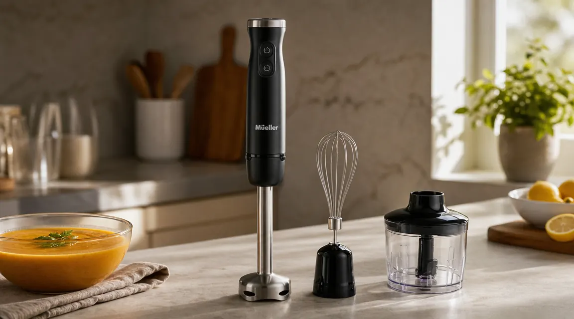 Mueller Ultra-Stick immersion blender resting on a small kitchen counter next to a pot of blended tomato soup