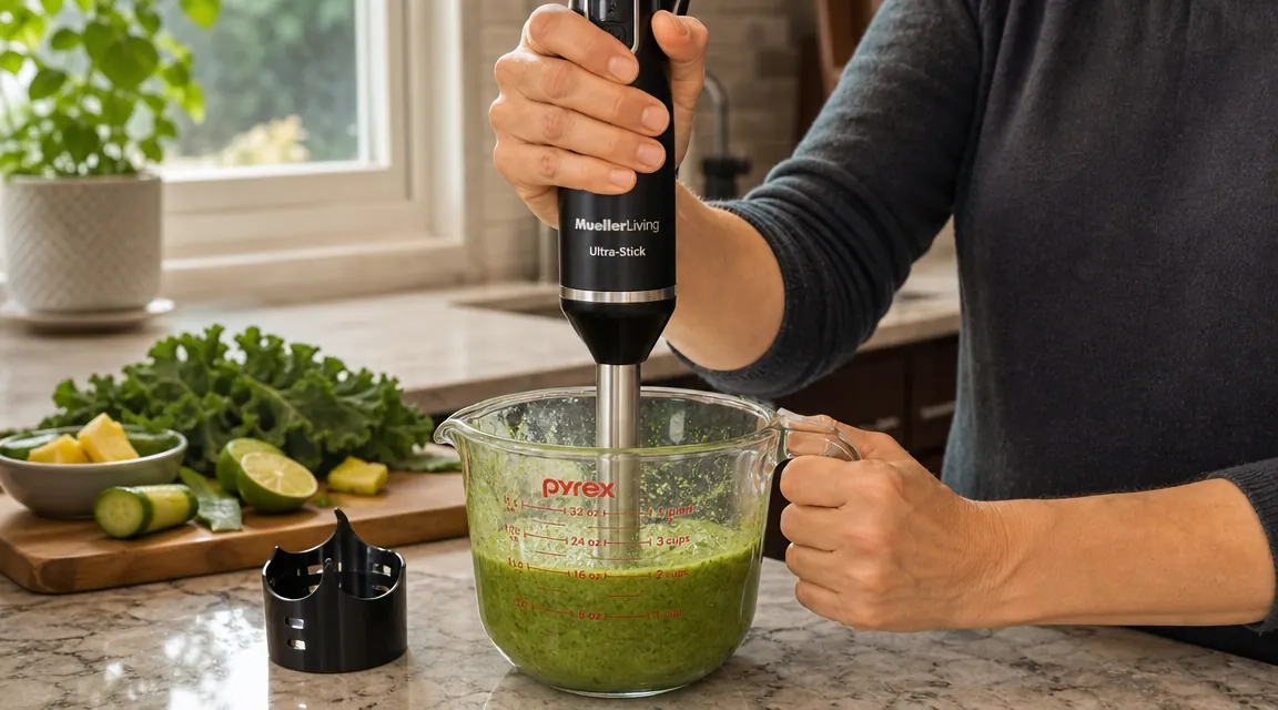 Hand holding Mueller immersion blender submerged in a tall measuring cup blending a green smoothie