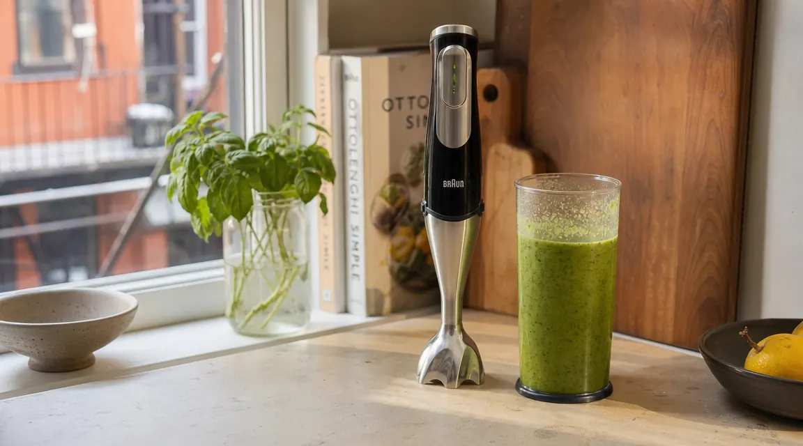 Mueller Ultra-Stick immersion blender resting on a small kitchen countertop beside a pot of tomato soup