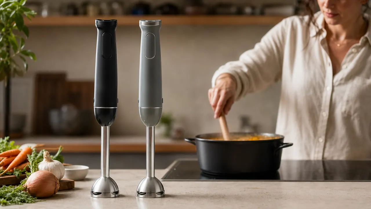 Mueller Ultra-Stick immersion blender alongside a Cuisinart Smart Stick on a kitchen counter, both upright next to a pot of soup