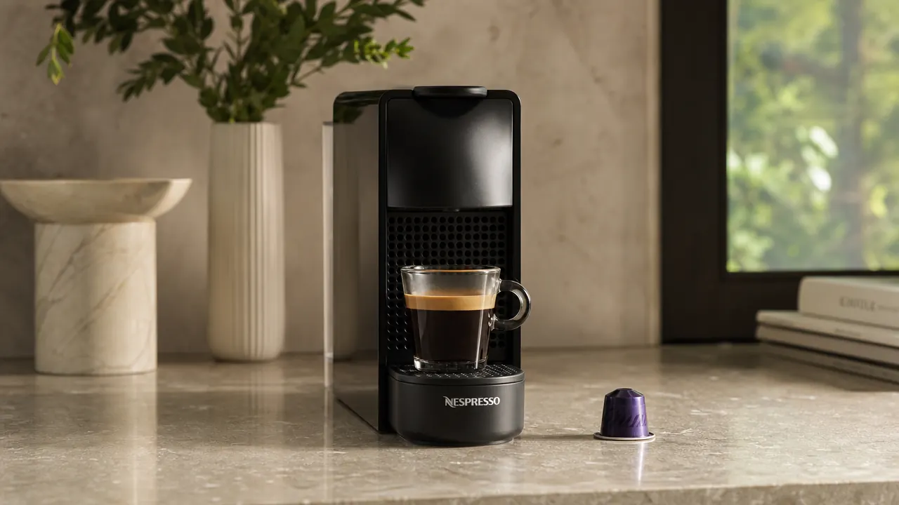 Nespresso Essenza Mini espresso machine on a narrow kitchen counter next to a small espresso cup