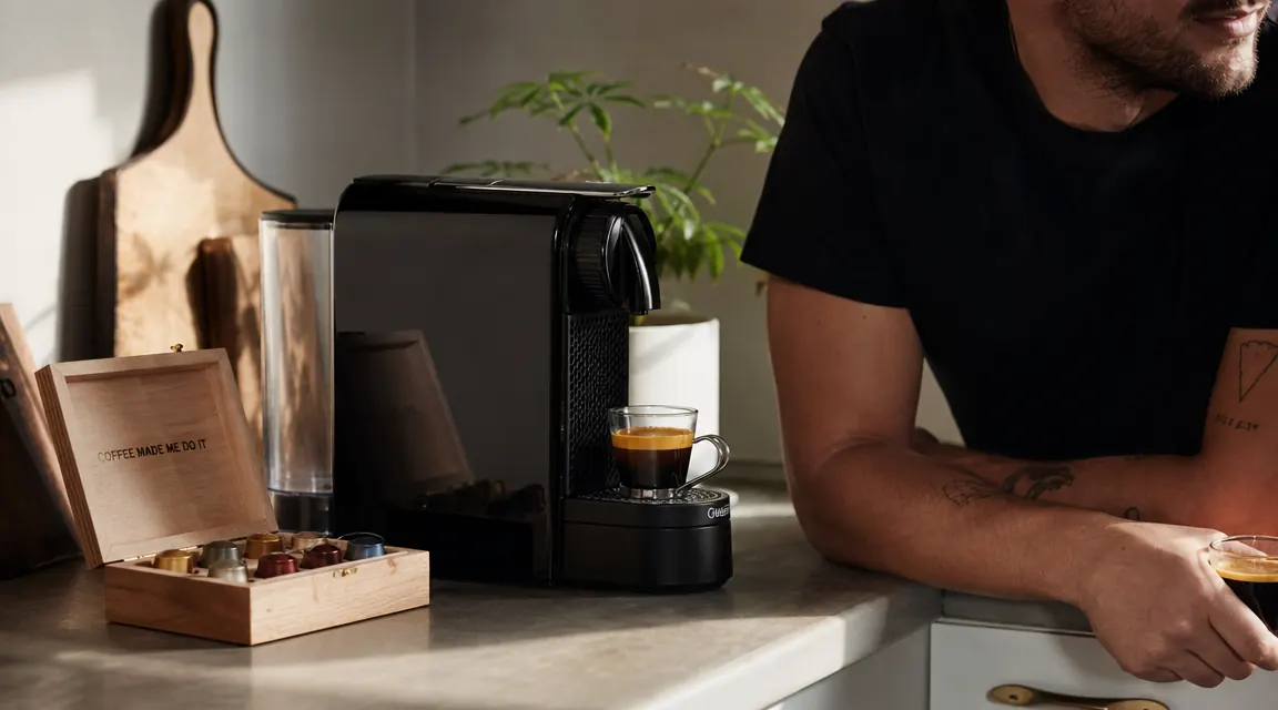 Nespresso Essenza Mini next to a ruler showing its narrow 4.7-inch width on a kitchen counter