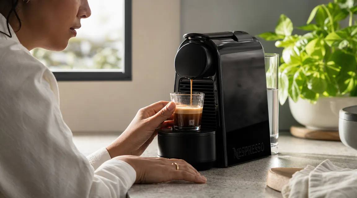 Nespresso Essenza Mini espresso machine on a small apartment kitchen counter beside a white ceramic espresso cup