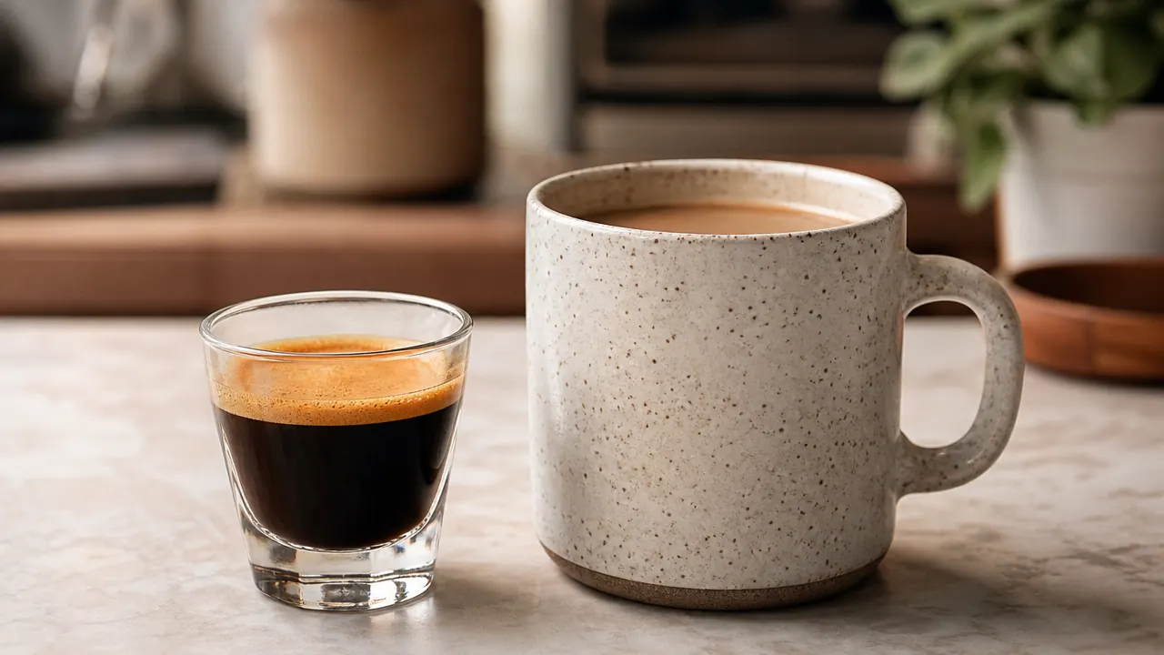 A small white espresso cup with a crema layer next to a larger travel mug on a wooden desk in a compact home office