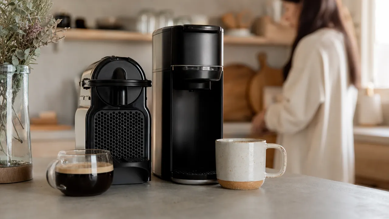 Nespresso Essenza Mini and Keurig K-Mini side by side on a slate-blue kitchen counter, morning light coming through a window