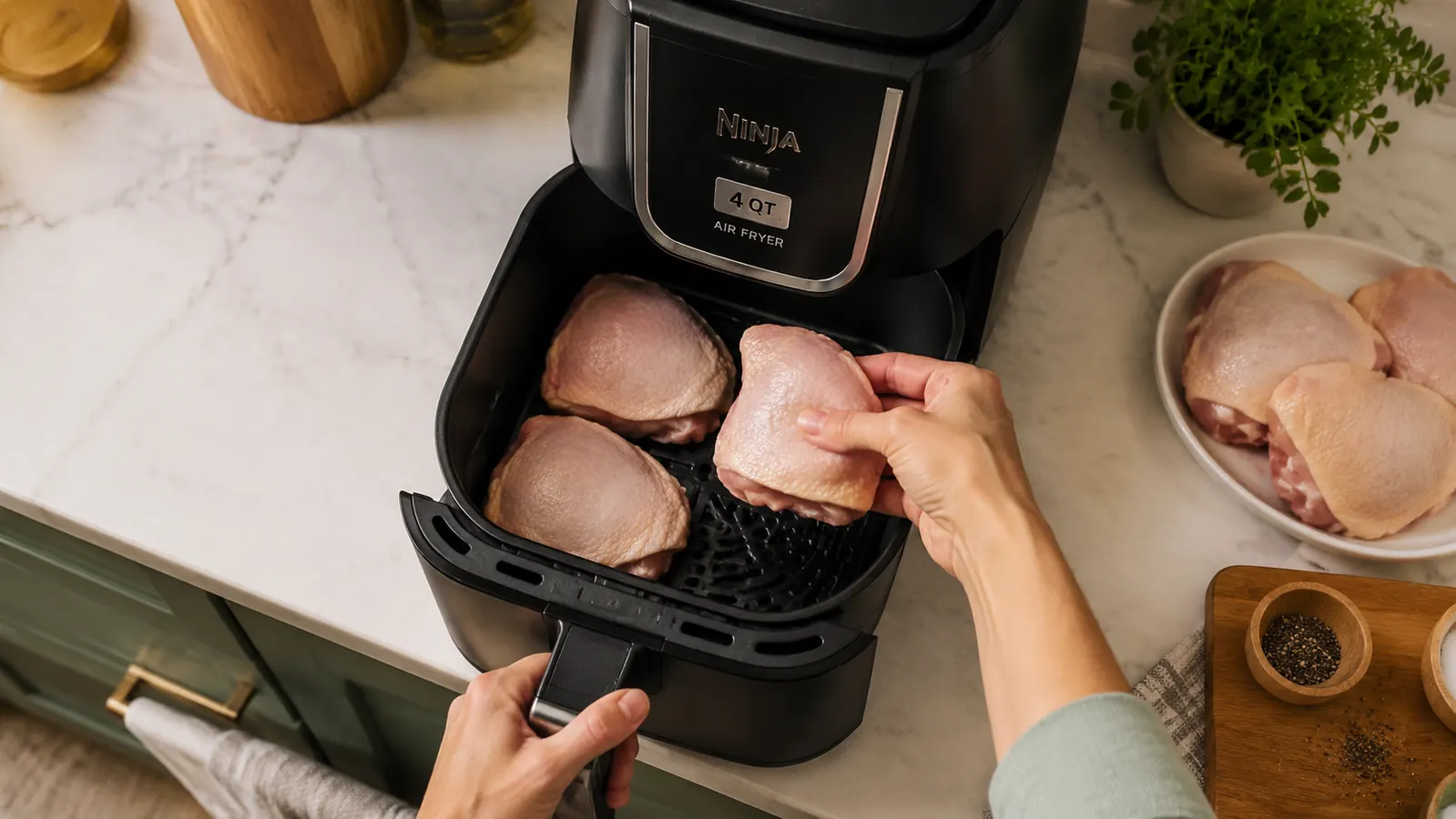 Hand placing a single layer of chicken thighs into the Ninja air fryer basket