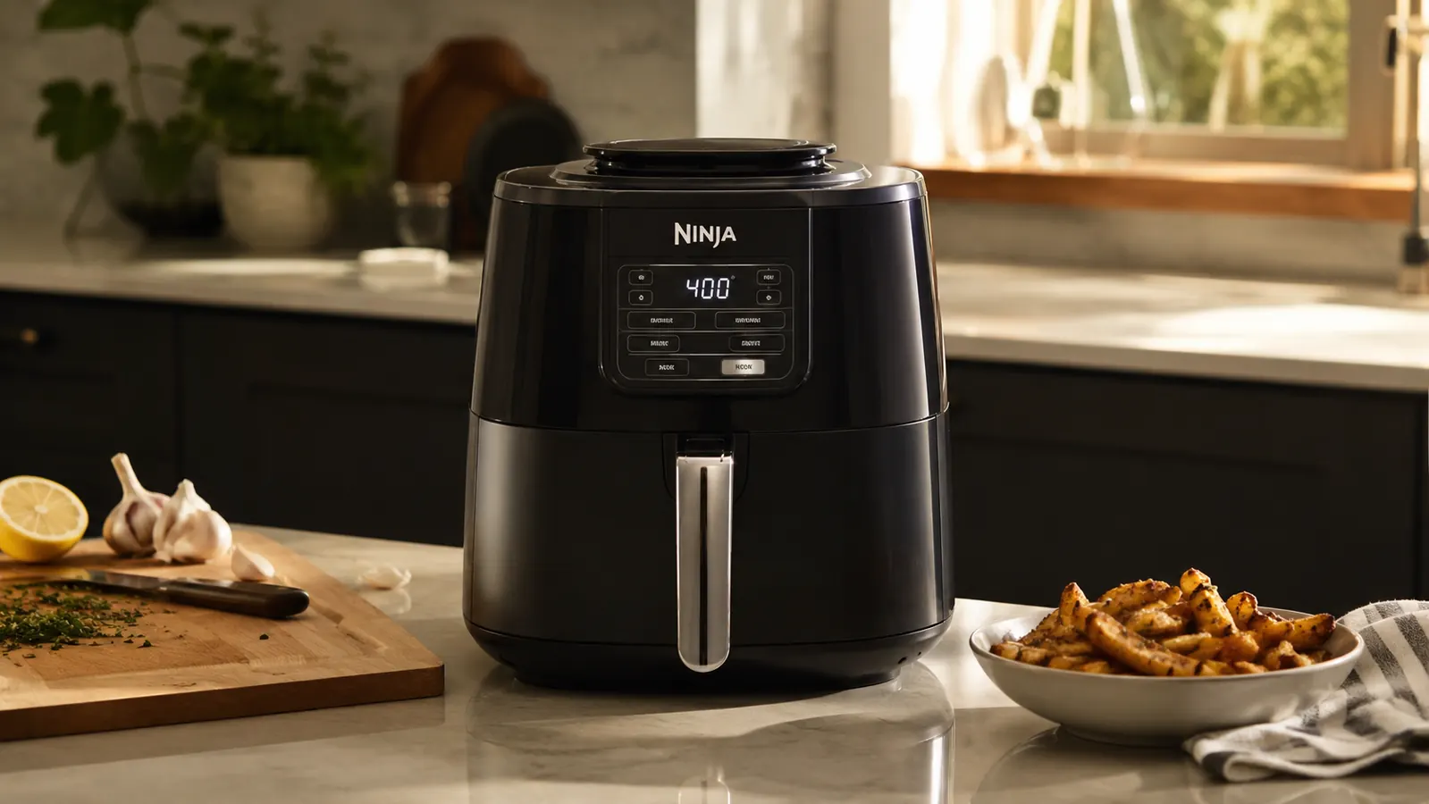 Ninja 4 QT Air Fryer sitting on a small kitchen counter next to a plate of golden fries