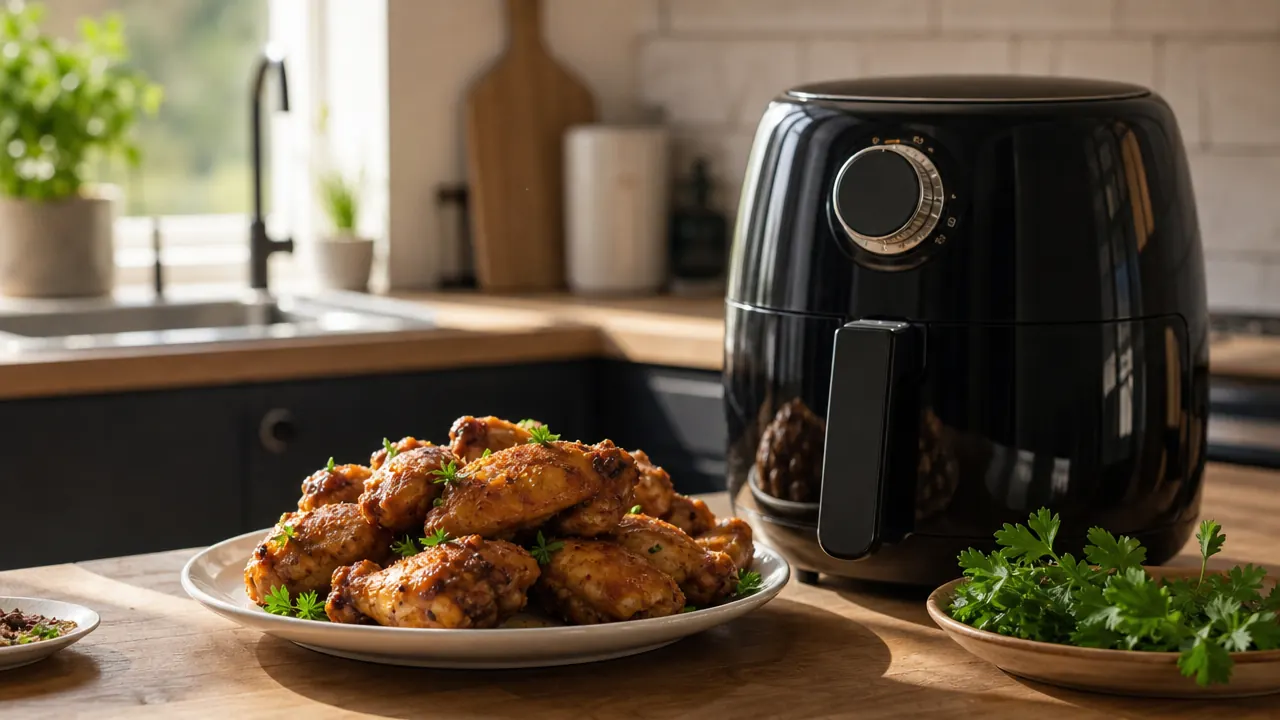 Perfectly crisped golden salmon fillet on a white plate next to the Ninja air fryer