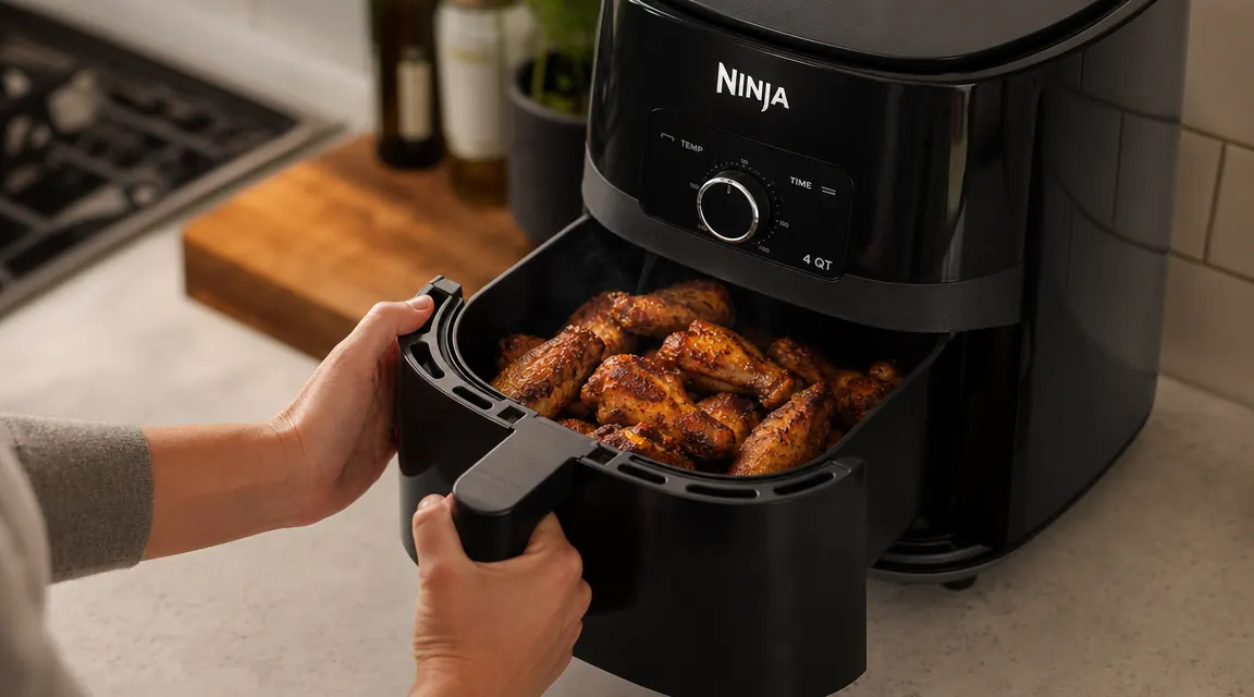 Hand pulling out the Ninja Air Fryer basket revealing golden-brown crispy chicken wings inside