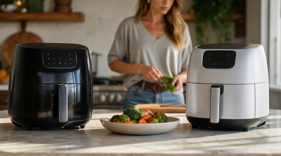 Two compact air fryers sitting side by side on a kitchen counter with a notepad and pen beside them